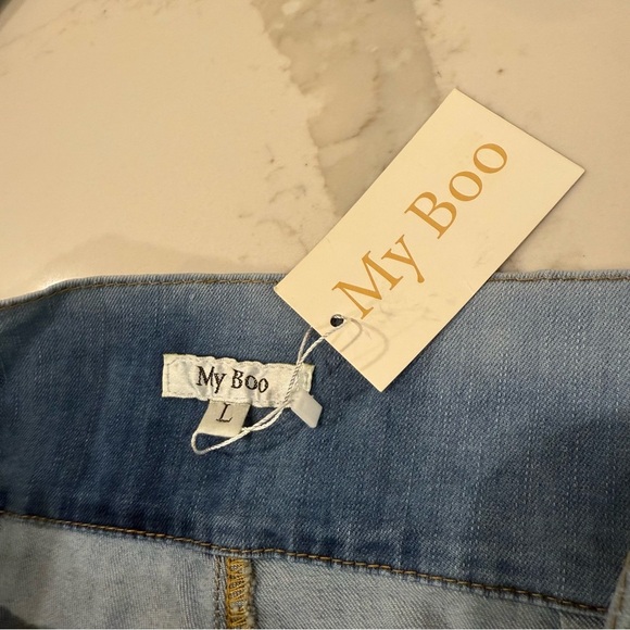My Boo NWT Cargo Tomboy High Waisted Denim Jeans Women’s Large Blue Tie Waist - Picture 7 of 9